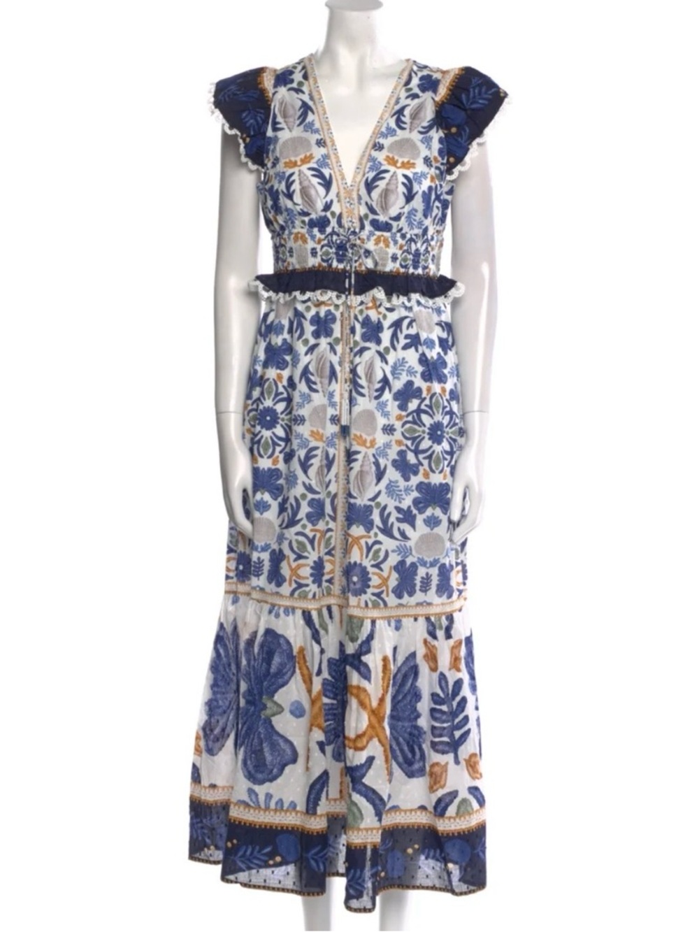 Caroline Constas 100% Cotton Midi Dress Size Large Seashell Beachy Costal Boho